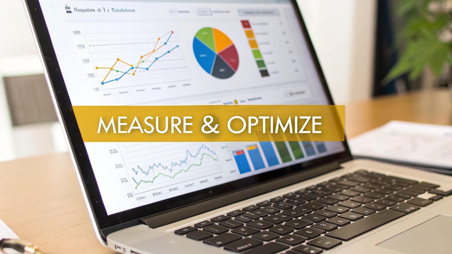 Laptop screen displaying various charts and graphs, emphasizing business measurement and optimization.