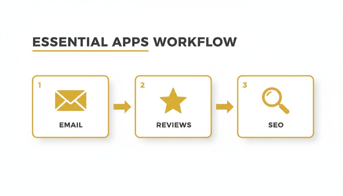 Essential apps workflow diagram illustrating a three-step process: Email, Reviews, and SEO, with arrows indicating progression.