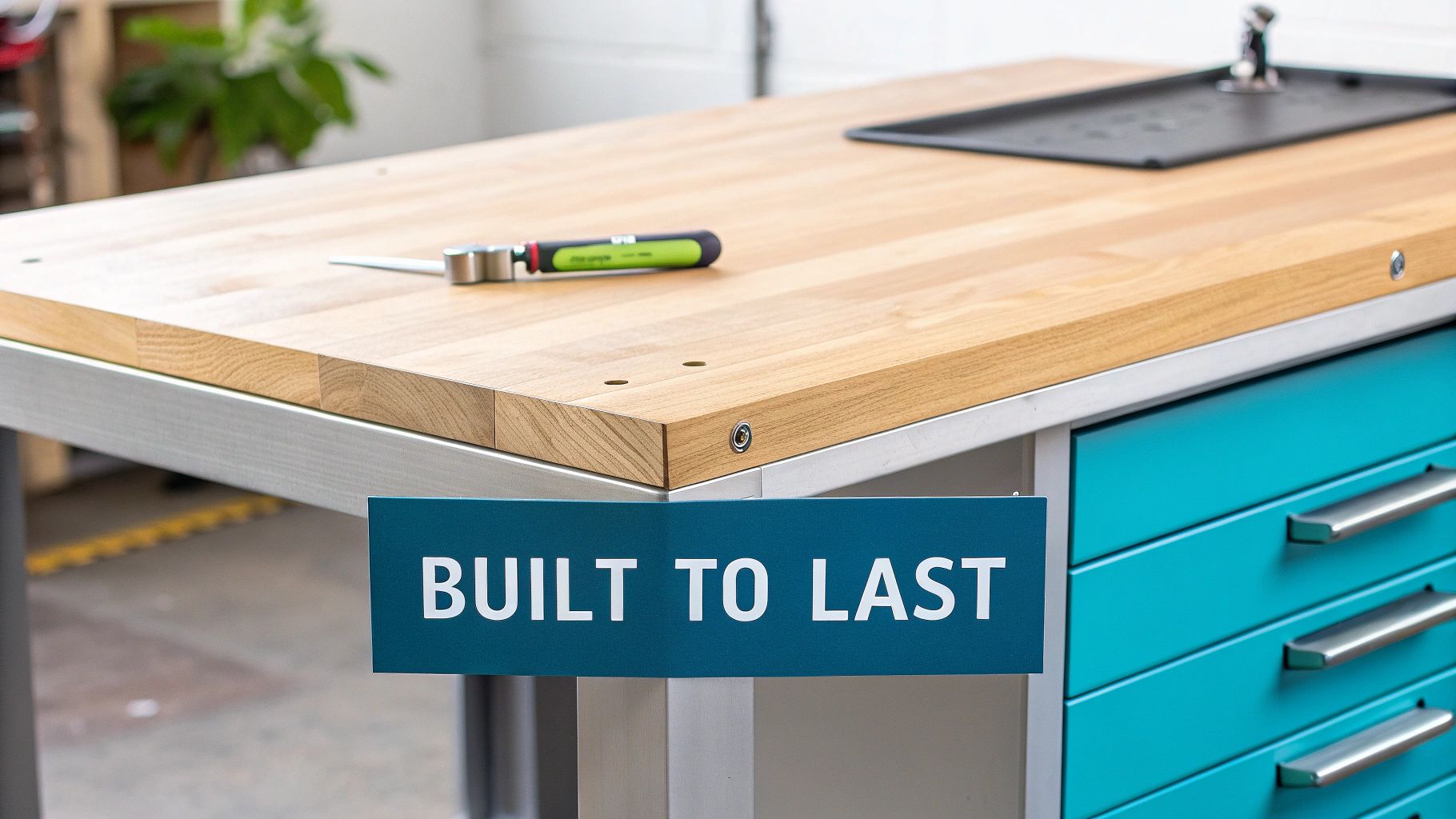 Your Ultimate Guide to Garage Storage Workbenches 5 Close-up of a durable wooden workbench with turquoise drawers and a 'BUILT TO LAST' sign.