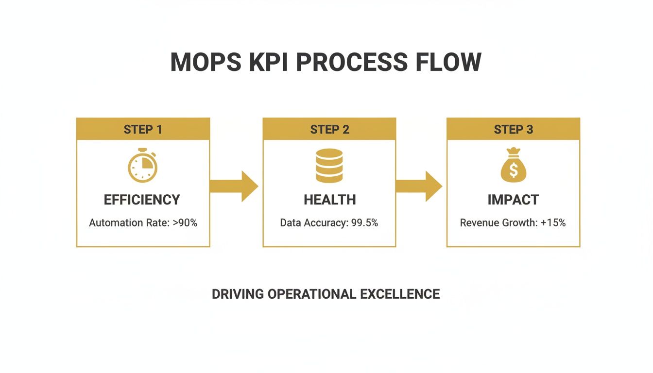 A three-step MOPS KPI process flow diagram showing Efficiency, Health, and Impact with key metrics.
