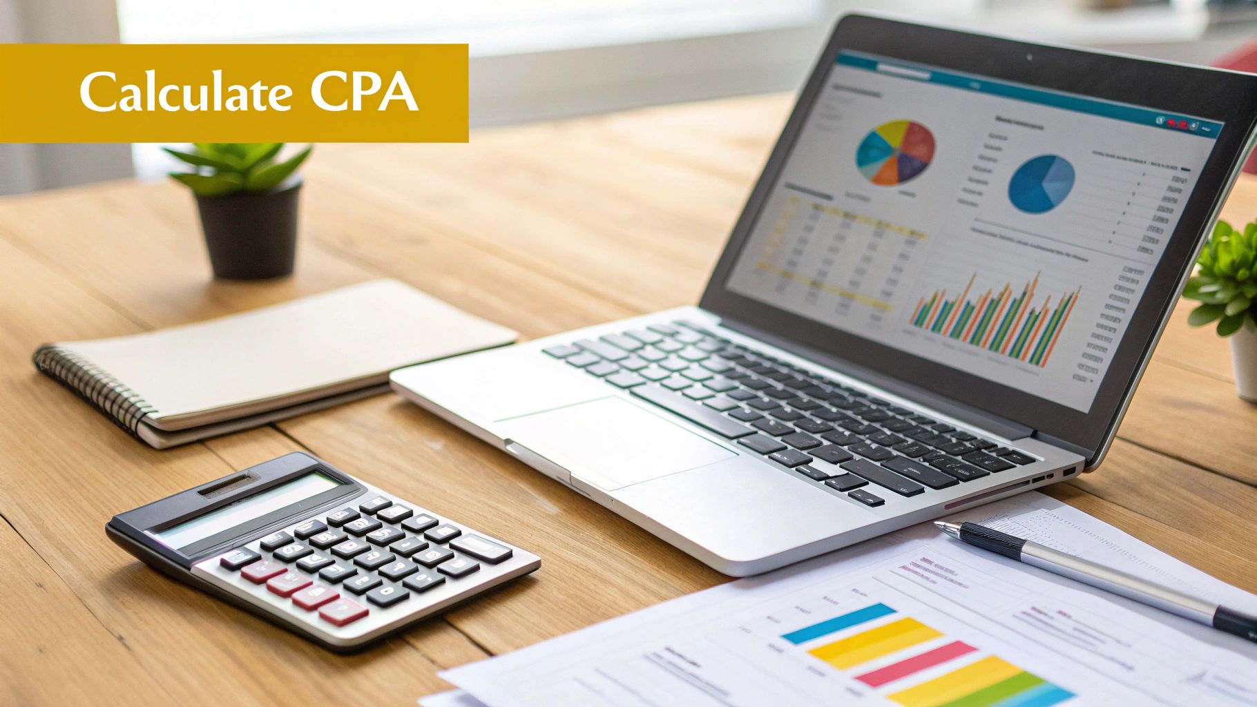 A calculator and pen resting on financial documents, illustrating the calculation of marketing costs.