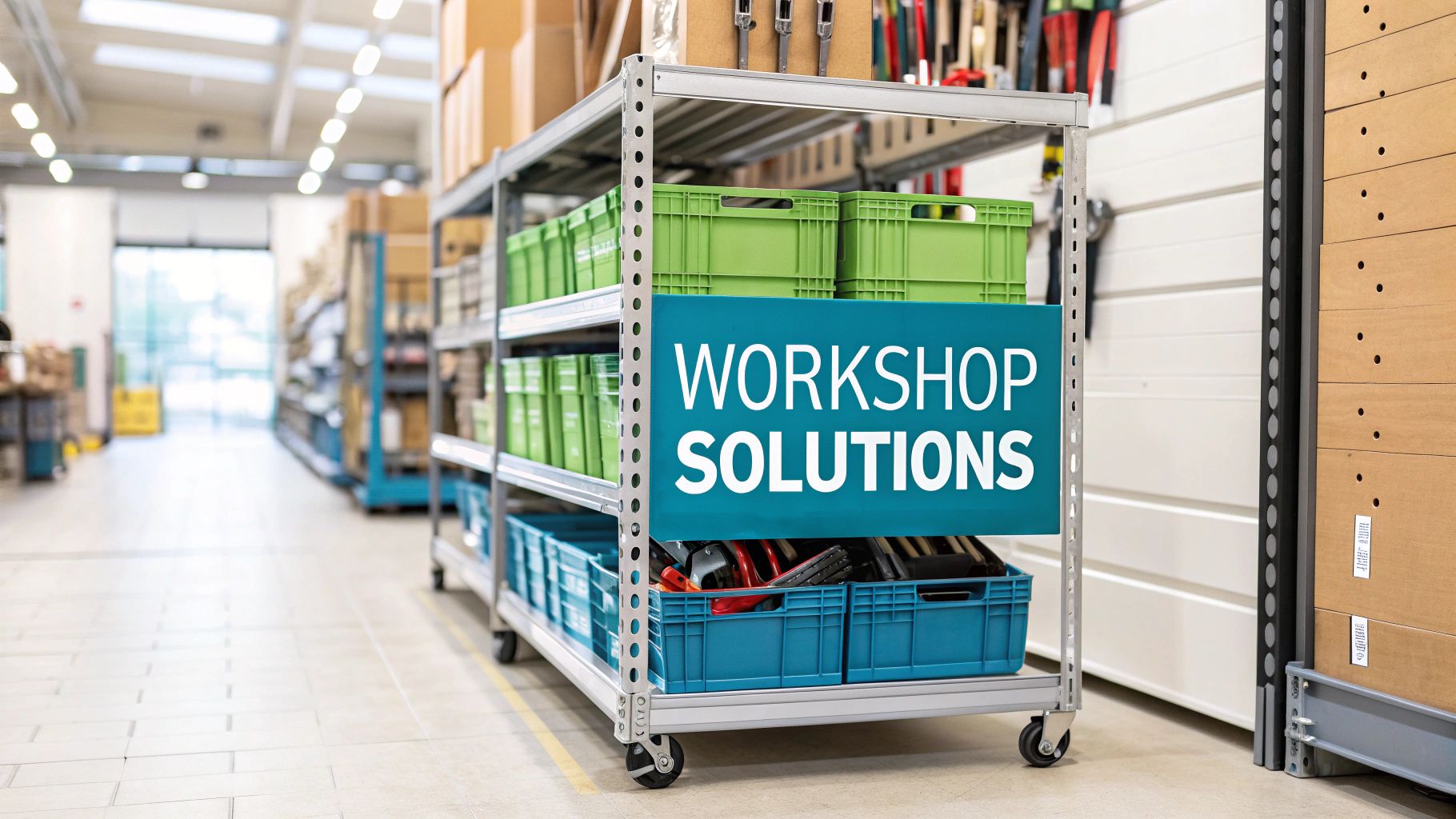 A mobile wire shelf rack displaying green and blue crates with tools and a 'WORKSHOP SOLUTIONS' sign in a warehouse.