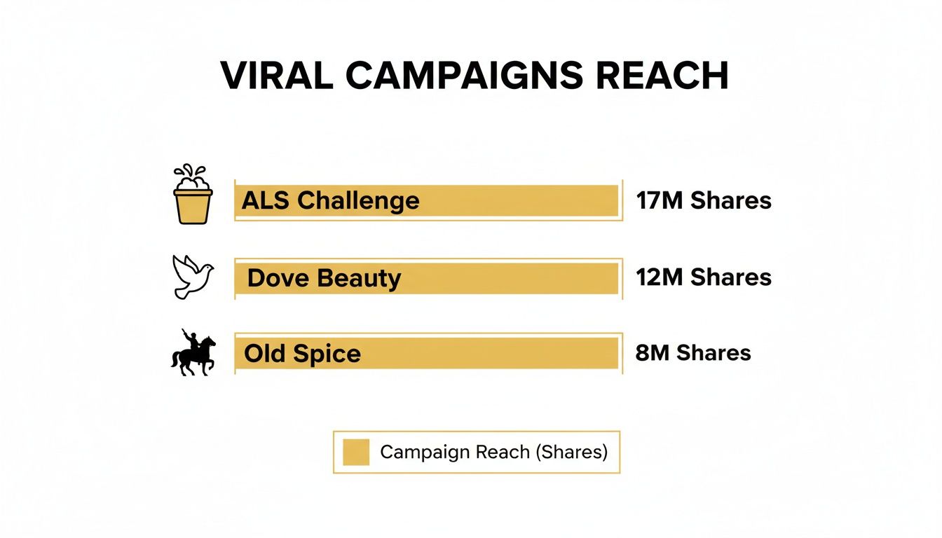 Chart displaying viral campaign shares: ALS Challenge (17M), Dove Beauty (12M), and Old Spice (8M).