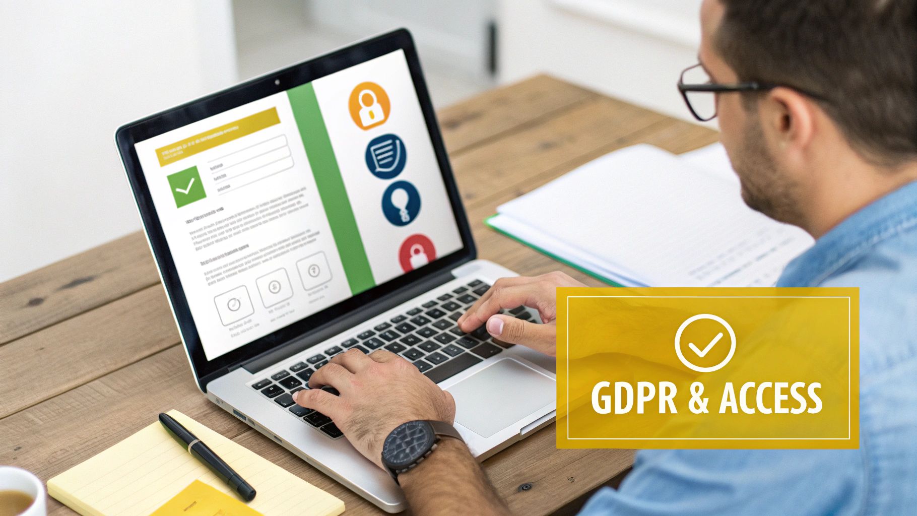 A man typing on a laptop displaying a GDPR login form with privacy icons and text.