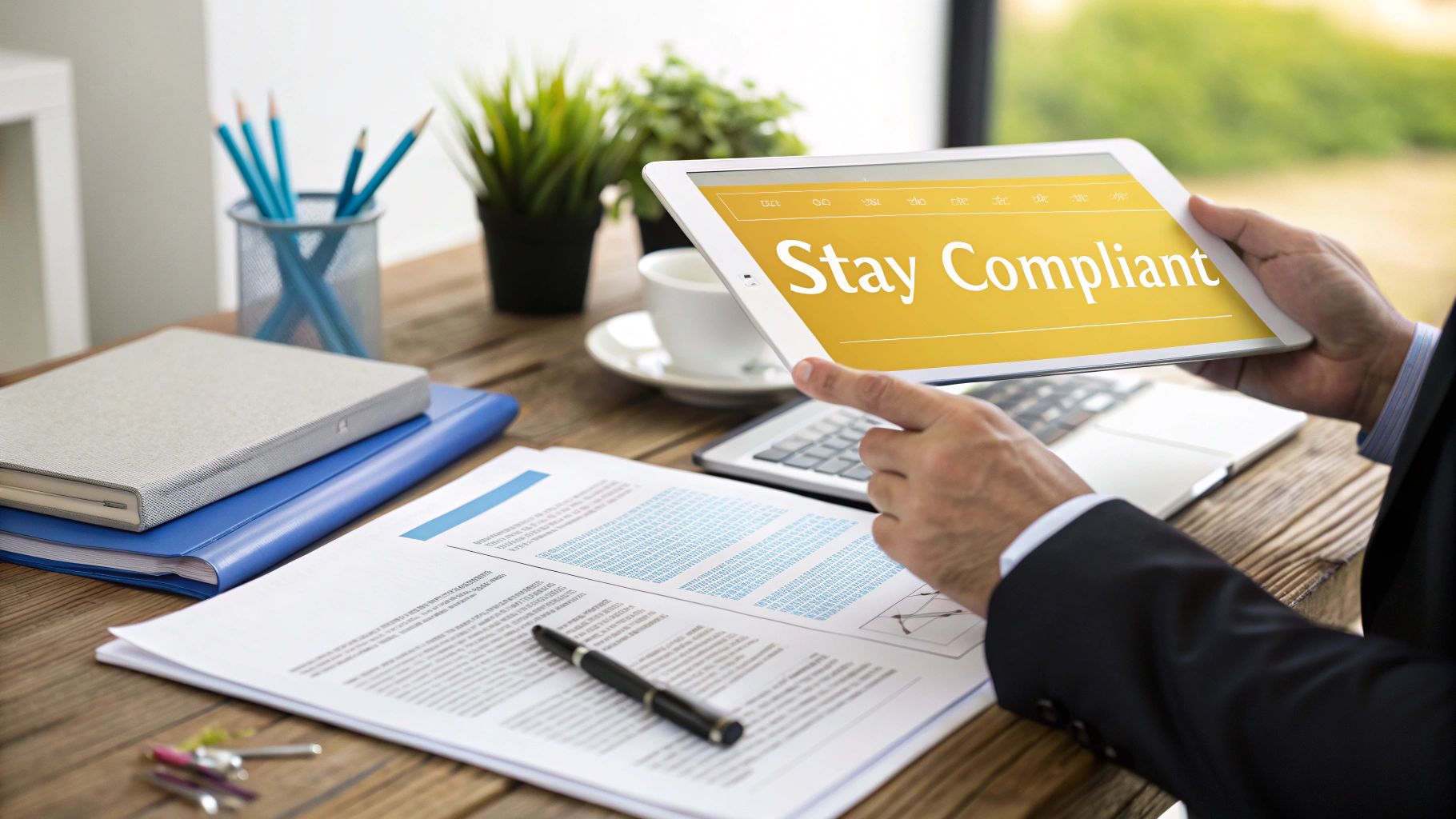 A formal-looking document with a magnifying glass over it, symbolising legal review and compliance.