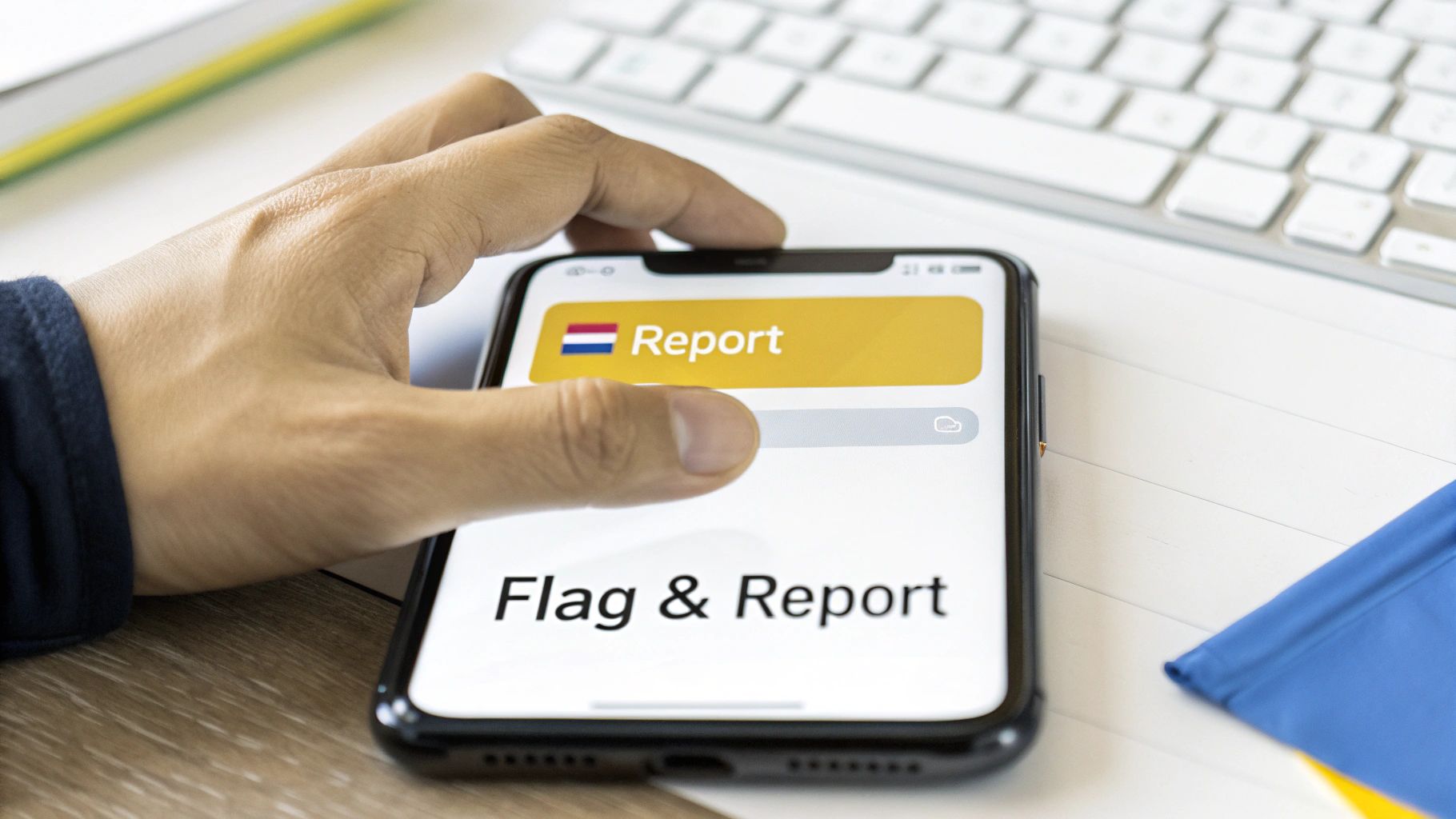 A person's hand holds a smartphone displaying a 'Report' and 'Flag & Report' screen, with a keyboard in the background.