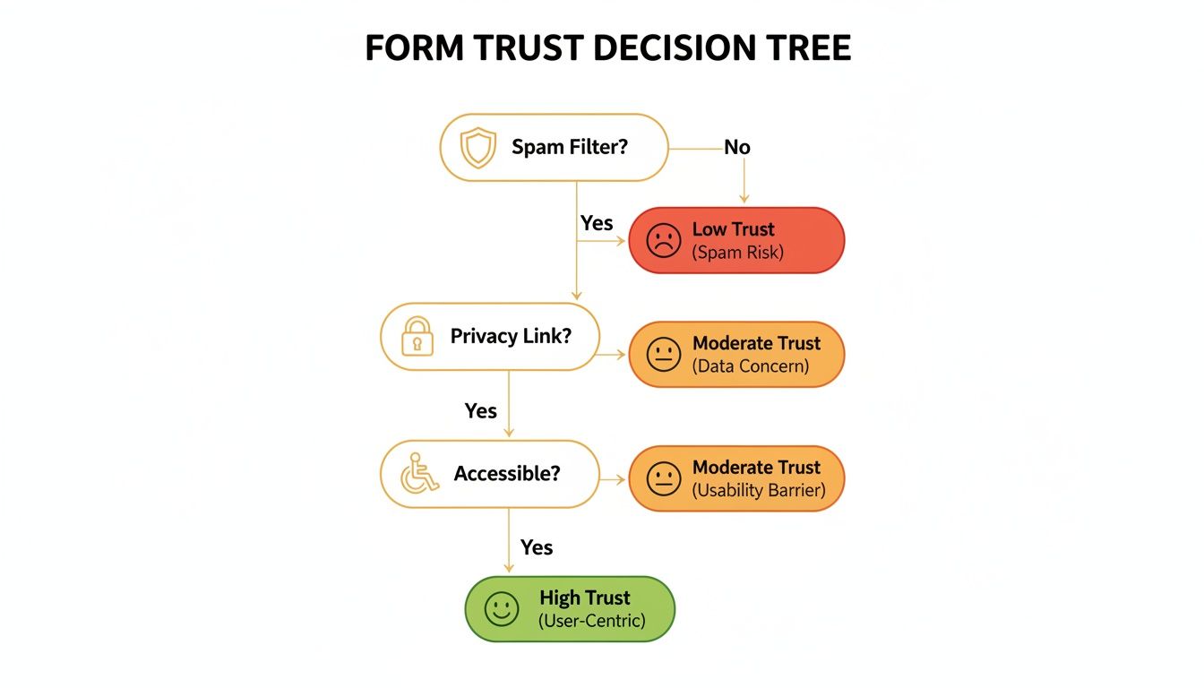 A decision tree illustrating form trust levels based on spam filter, privacy link, and accessibility.