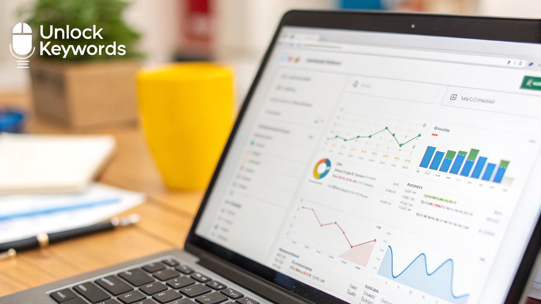 A laptop displays an SEO analytics dashboard with graphs and charts for keyword research.