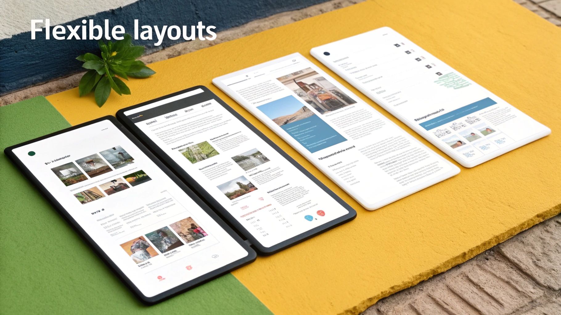 Multiple tablets display responsive website layouts, demonstrating design flexibility on varied screens.