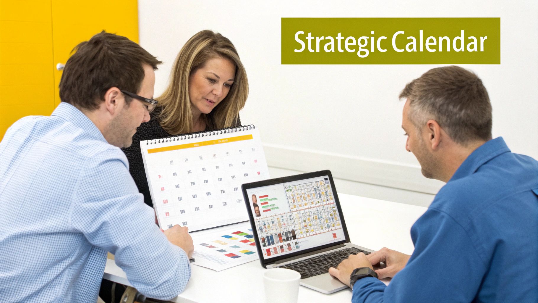 Three colleagues collaborate around a laptop and a large strategic calendar on a white table.