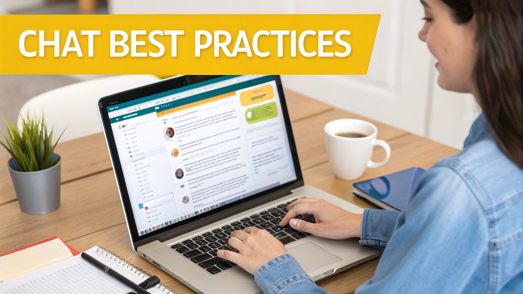 A person types on a laptop displaying live chat conversations, with a "CHAT BEST PRACTICES" banner.