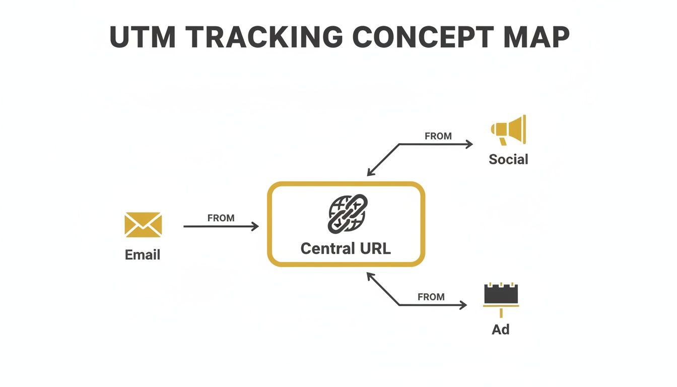 A UTM tracking concept map illustrating how traffic from email, social media, and ads leads to a central URL.