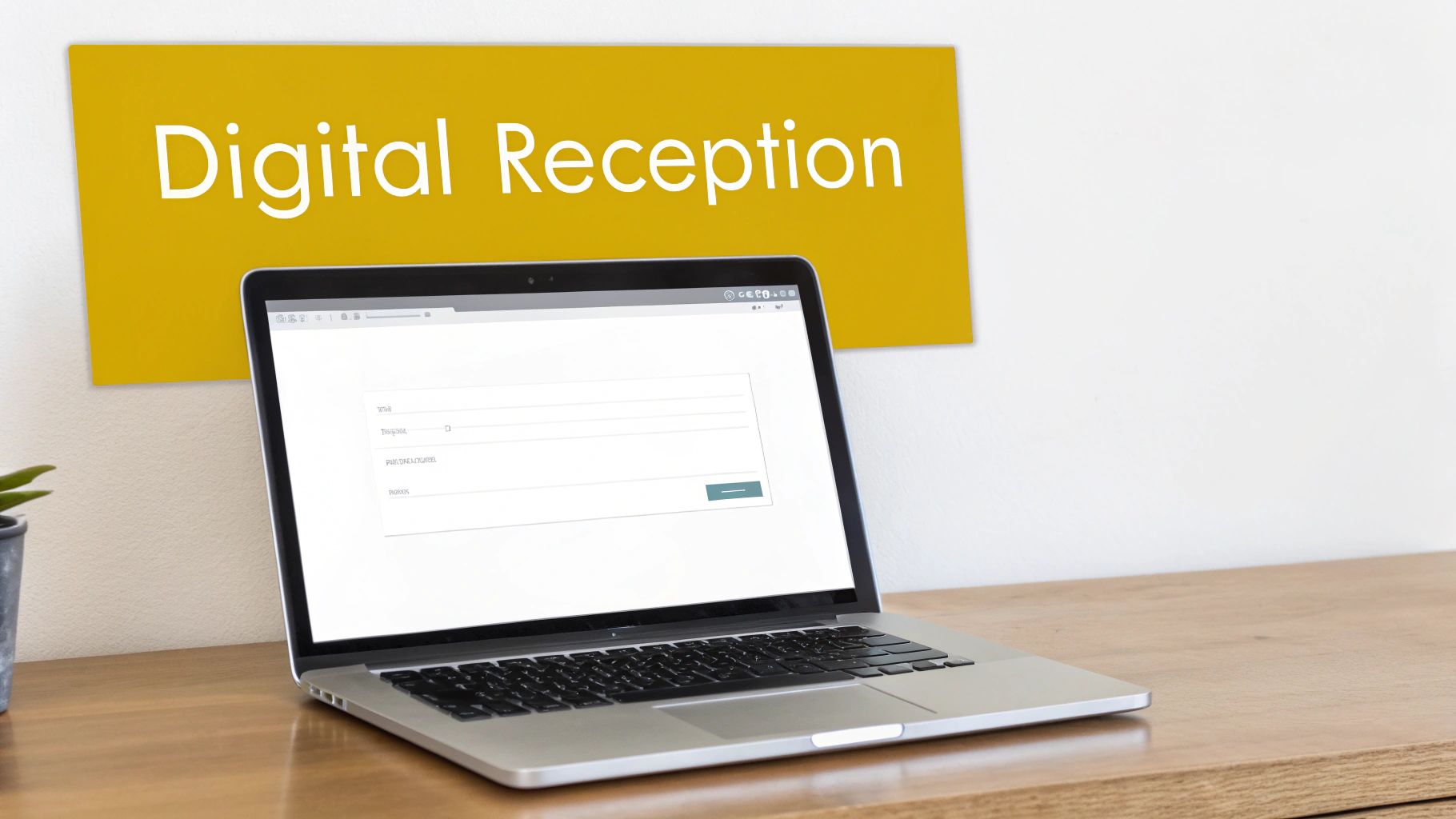 A laptop displaying a digital reception form on a wooden desk with a 'Digital Reception' sign.