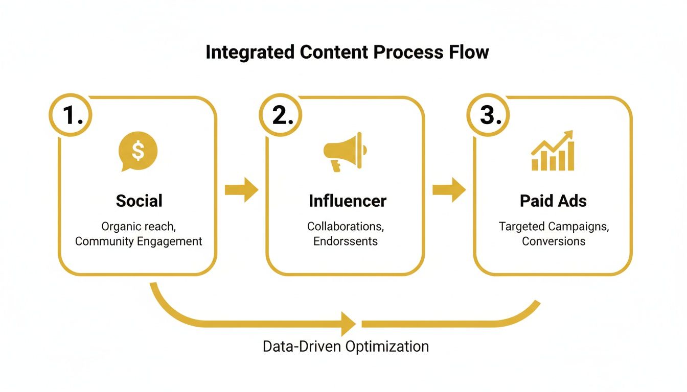 Integrated content process flow diagram showing Social, Influencer, and Paid Ads with data-driven optimization.