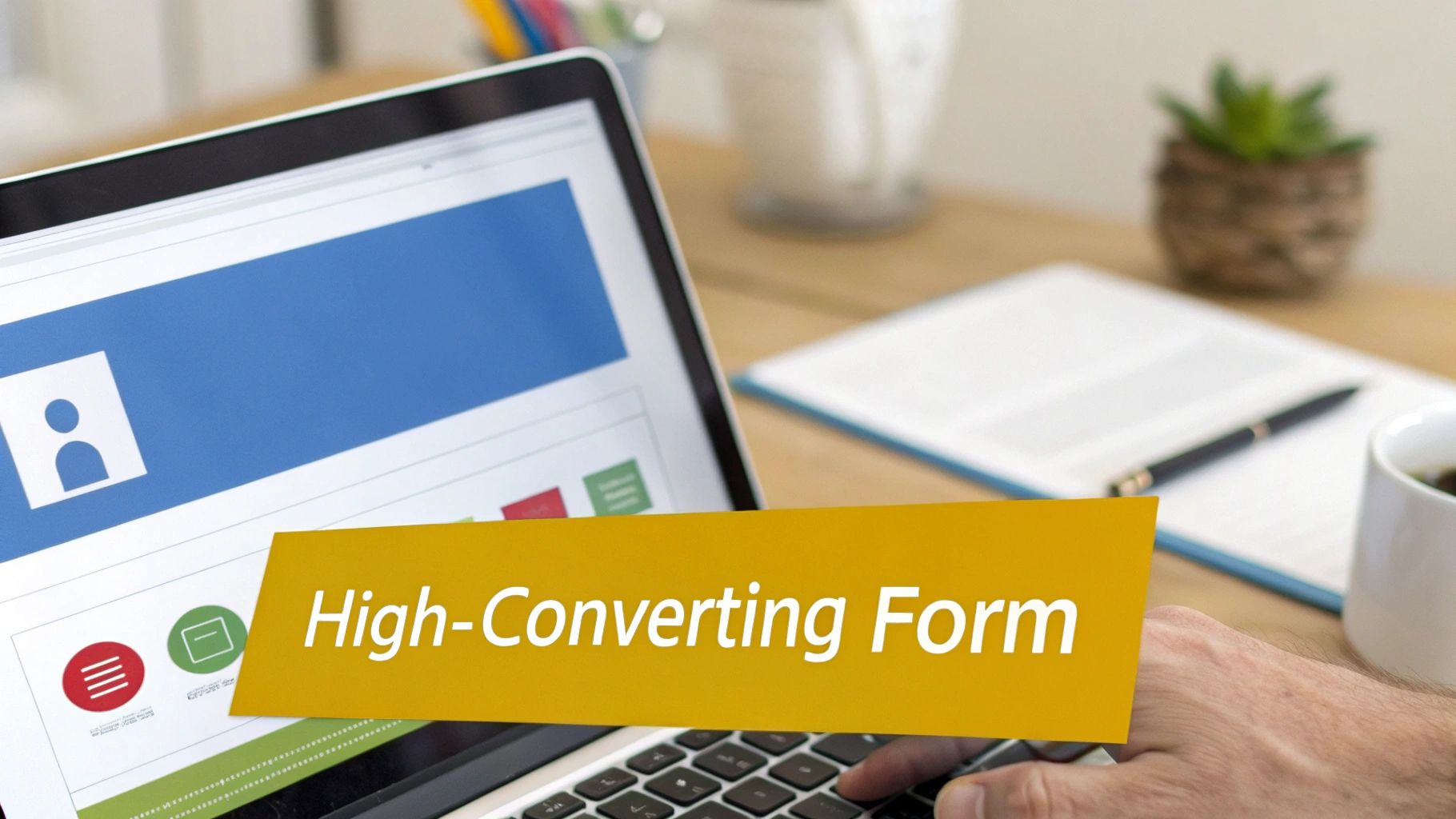 A person's hands typing on a laptop, with a yellow banner saying 'High-Converting Form' on the screen.