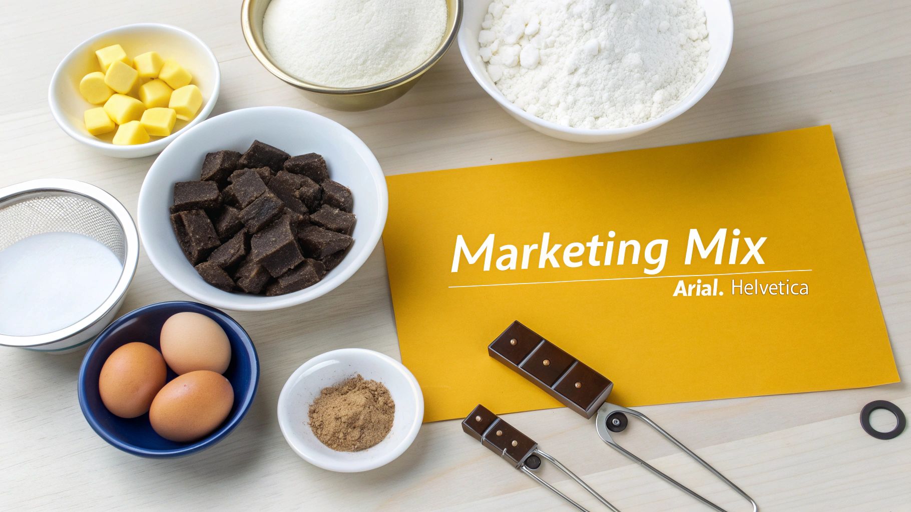 Various baking ingredients and a yellow card with 'Marketing Mix' text, symbolizing business strategy.