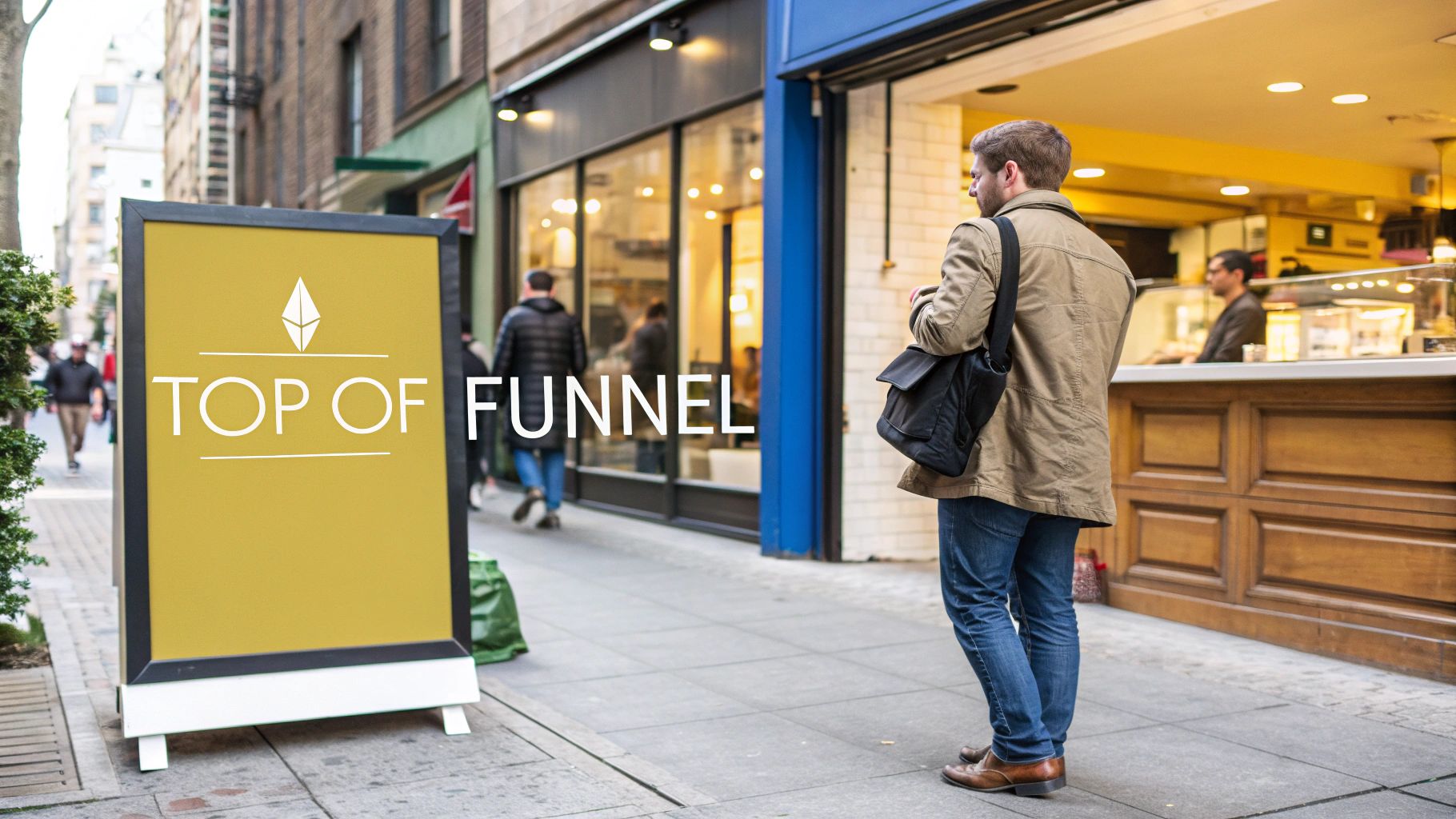 A man stands on a city sidewalk next to a sign displaying "TOP OF FUNNEL" and an Ethereum-like logo.