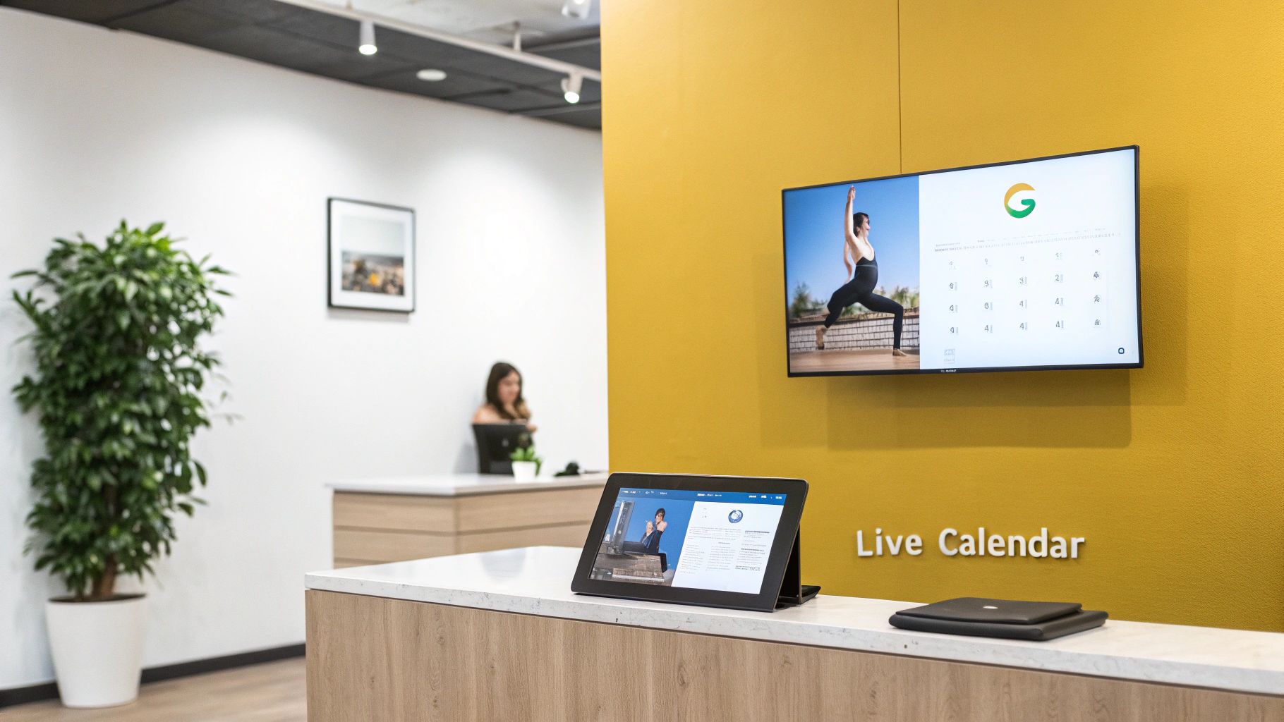 A modern office reception area featuring a large screen on a yellow wall displaying Google Calendar and a tablet on a counter.