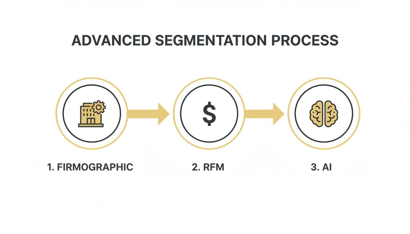 An infographic detailing an advanced segmentation process with three steps: Firmographic, RFM, and AI.