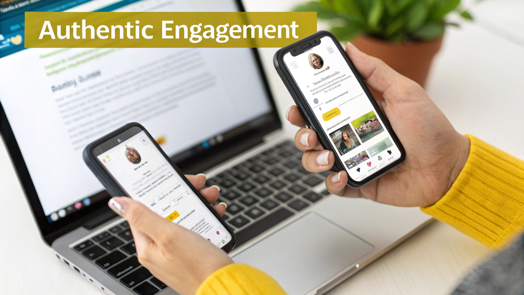 Two hands hold smartphones displaying social media profiles over a laptop, with 'Authentic Engagement' text.