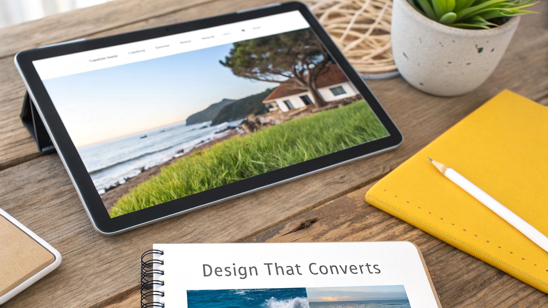 A digital tablet on a wooden desk displays a coastal landscape website, alongside notebooks and office essentials.