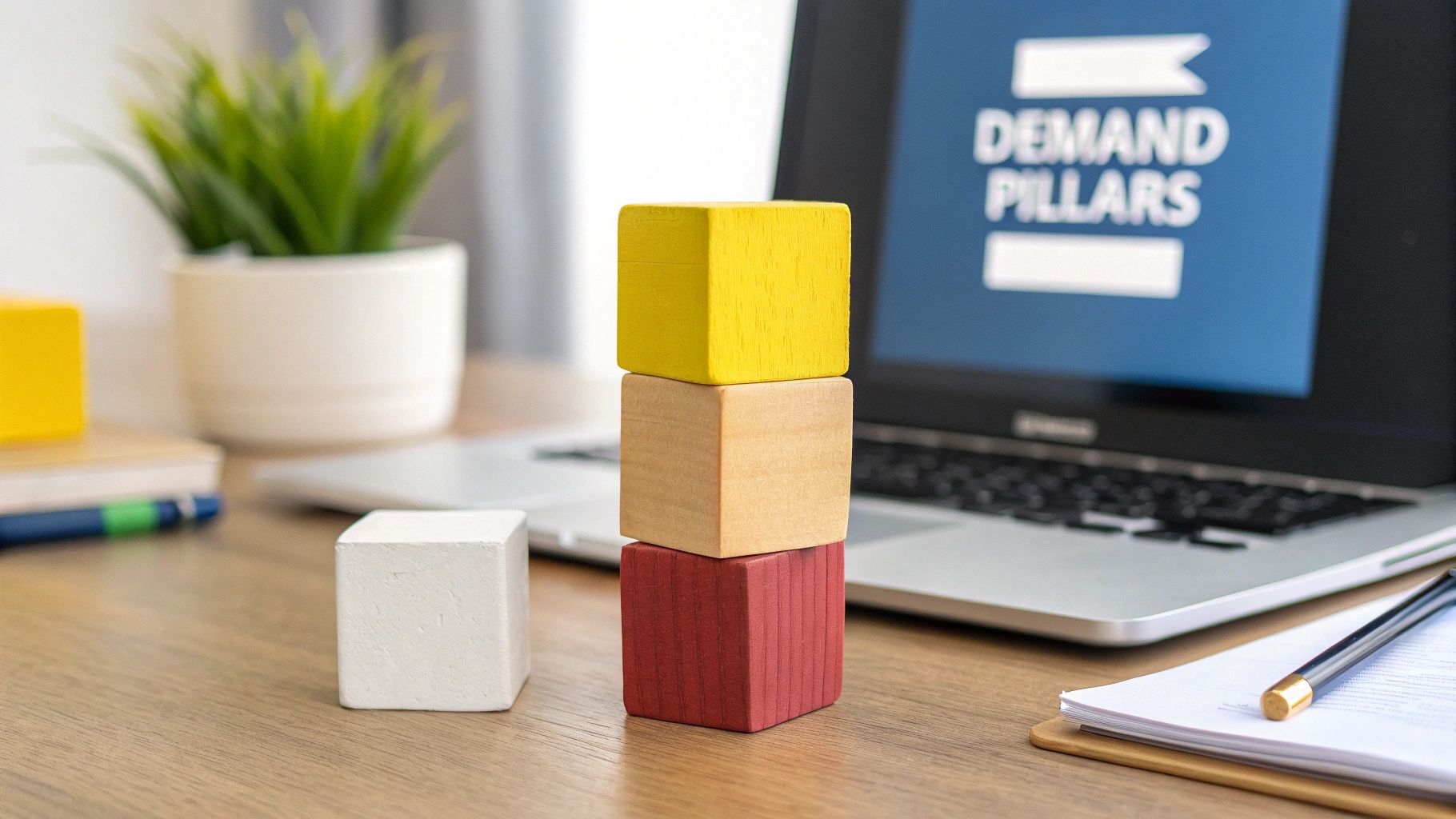 Colorful wooden blocks stacked on a desk beside a laptop showing 'DEMAND PILLARS' on a blue screen.