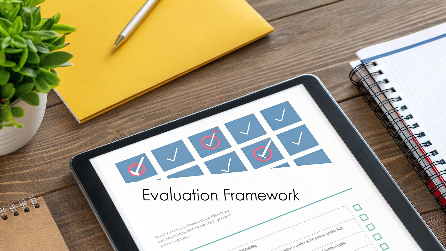 A tablet displays 'Evaluation Framework' with checkboxes on a wooden desk alongside notebooks and a plant.