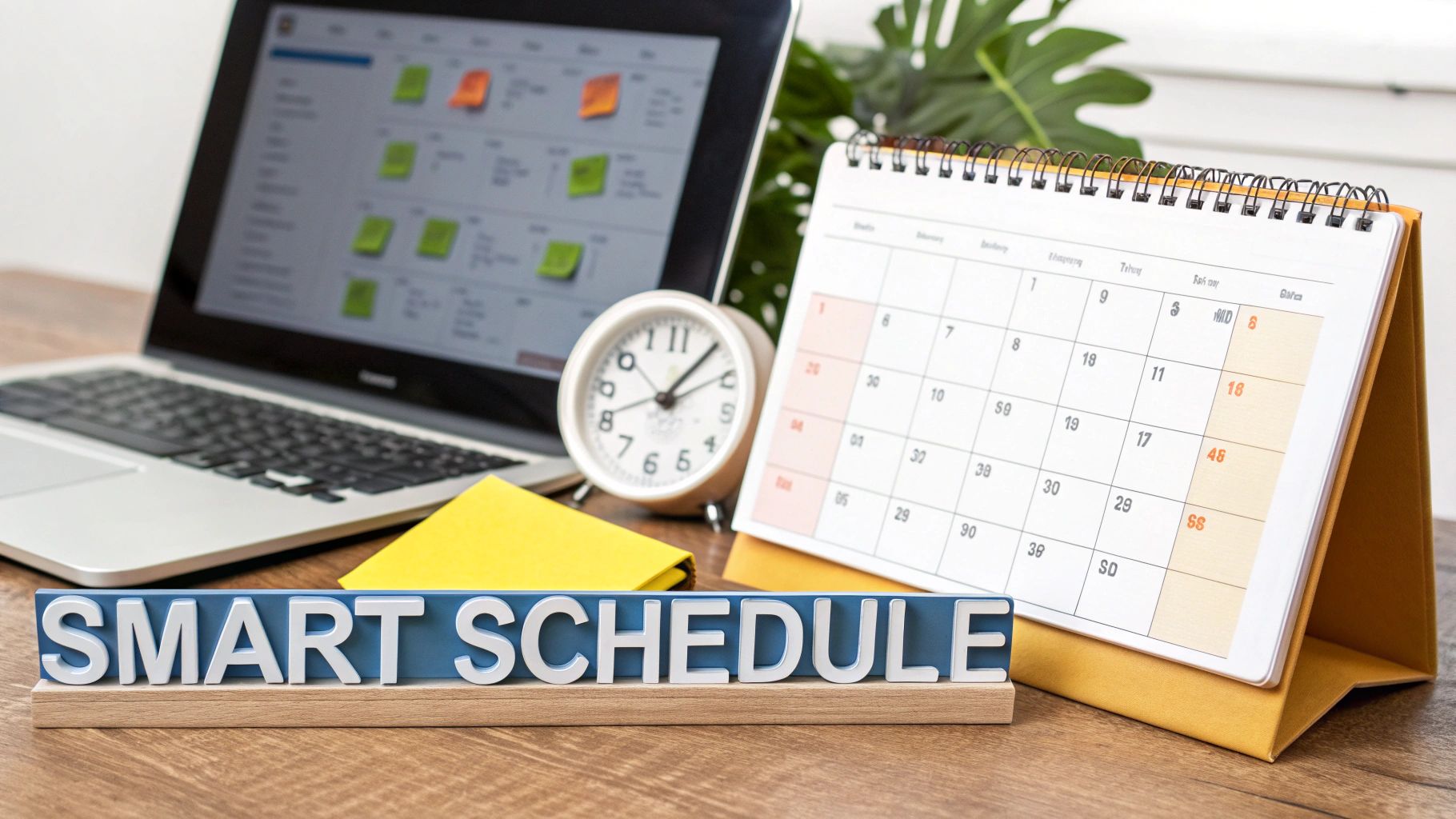 A desk setup with a laptop, physical calendar, alarm clock, and a 'SMART SCHEDULE' sign.