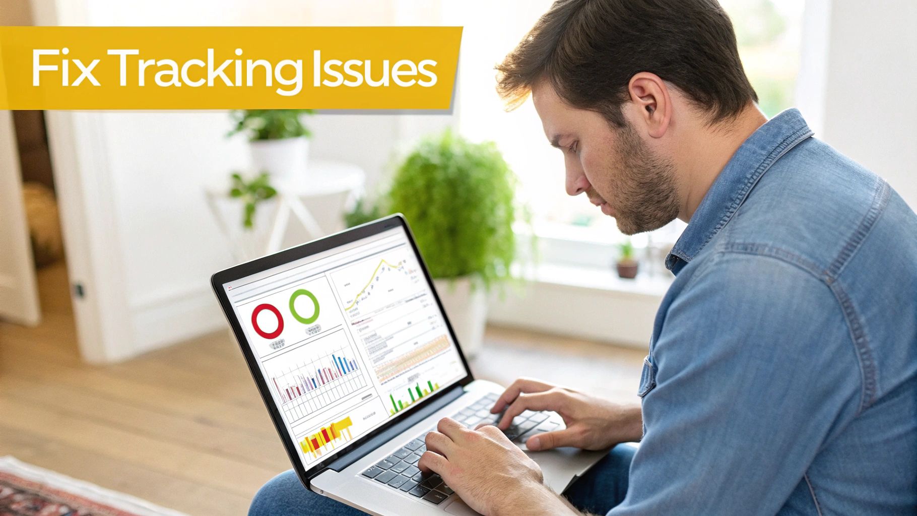 A focused man intently uses a laptop showing data charts and graphs, addressing tracking issues.