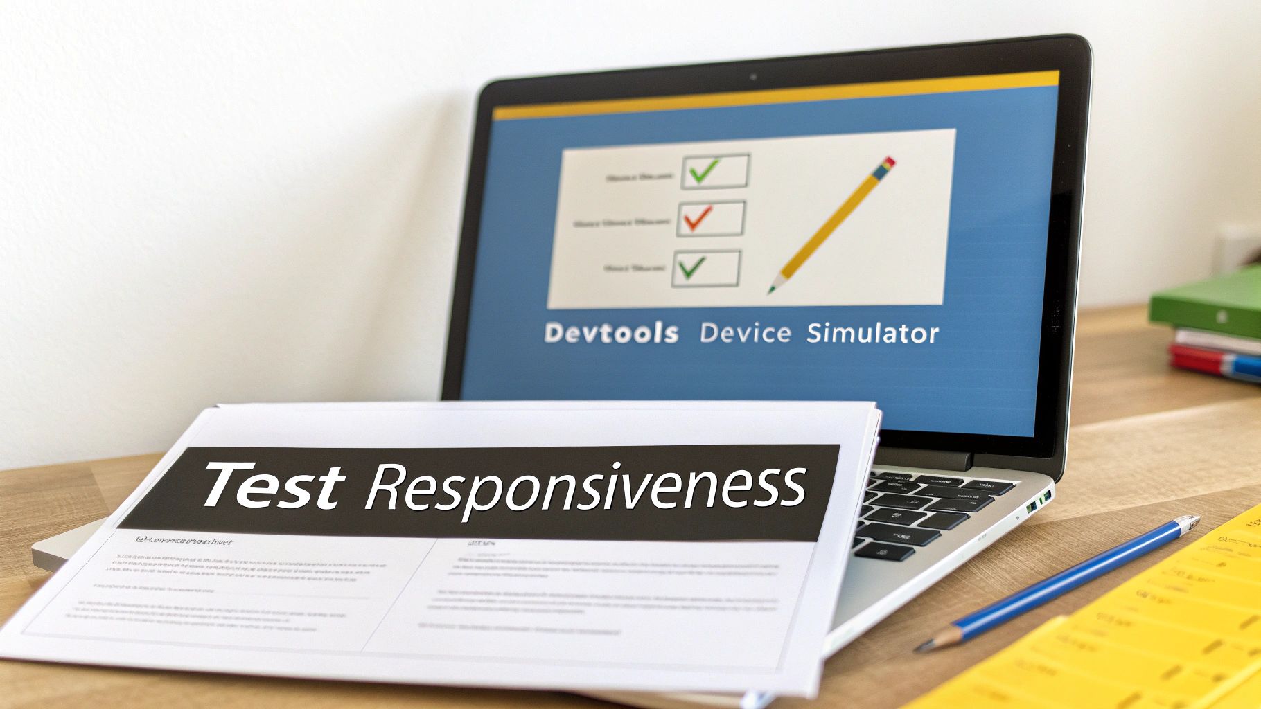 A laptop displaying 'Devtools Device Simulator' with a document titled 'Test Responsiveness' on the keyboard.