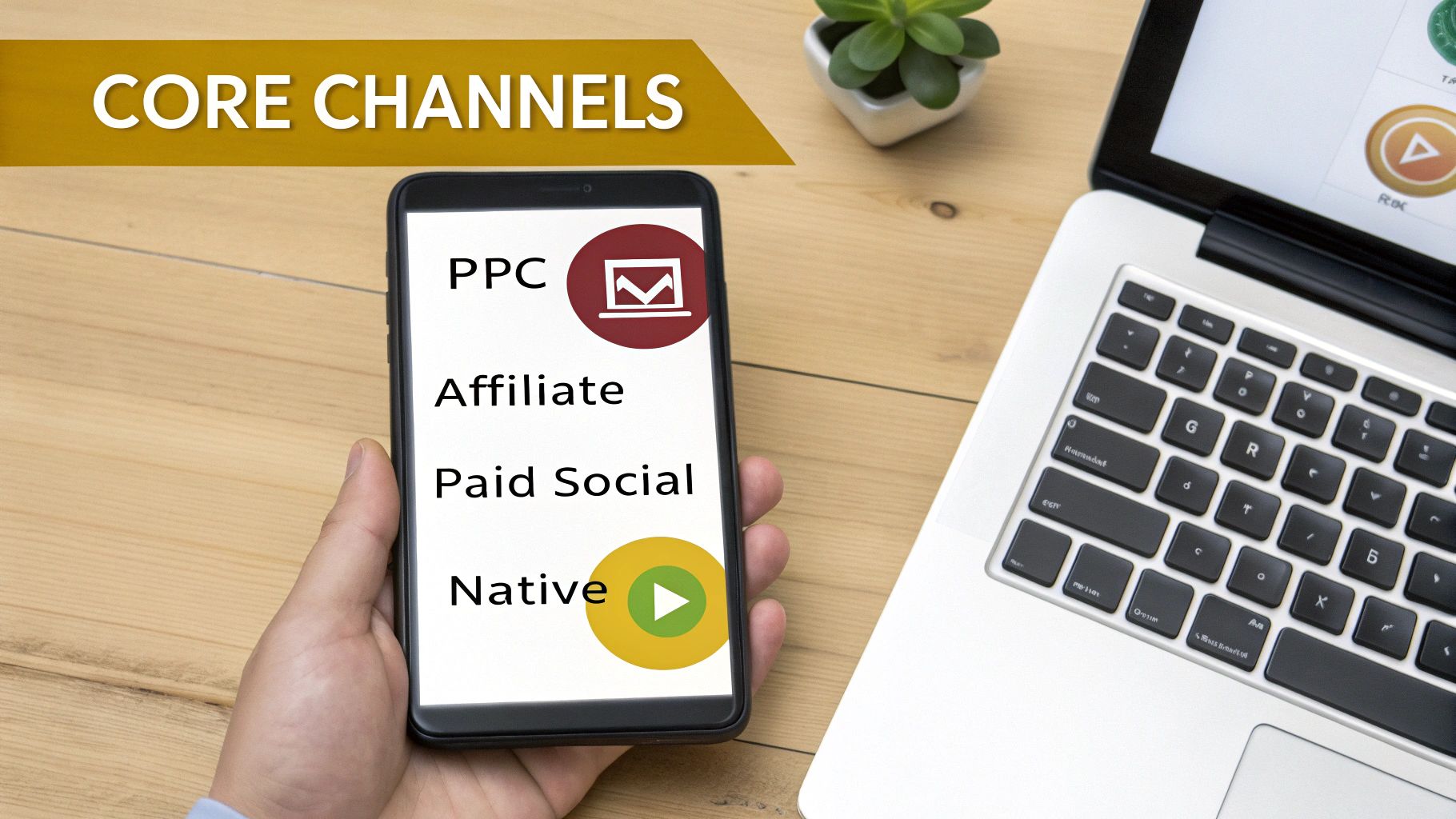 A hand holds a smartphone displaying core performance marketing channels: PPC, Affiliate, Paid Social, Native, next to a laptop.