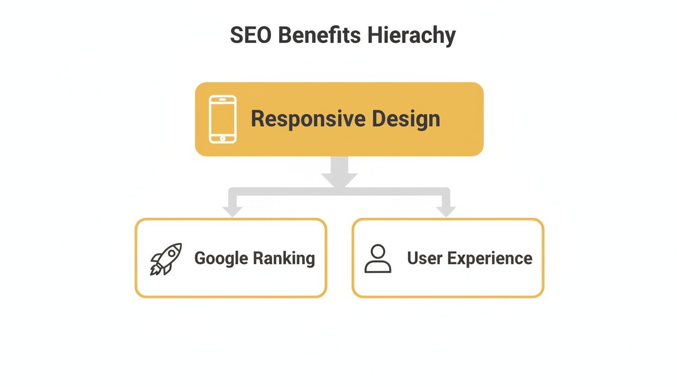 A hierarchy diagram illustrating that responsive design provides SEO benefits, improving Google ranking and user experience.
