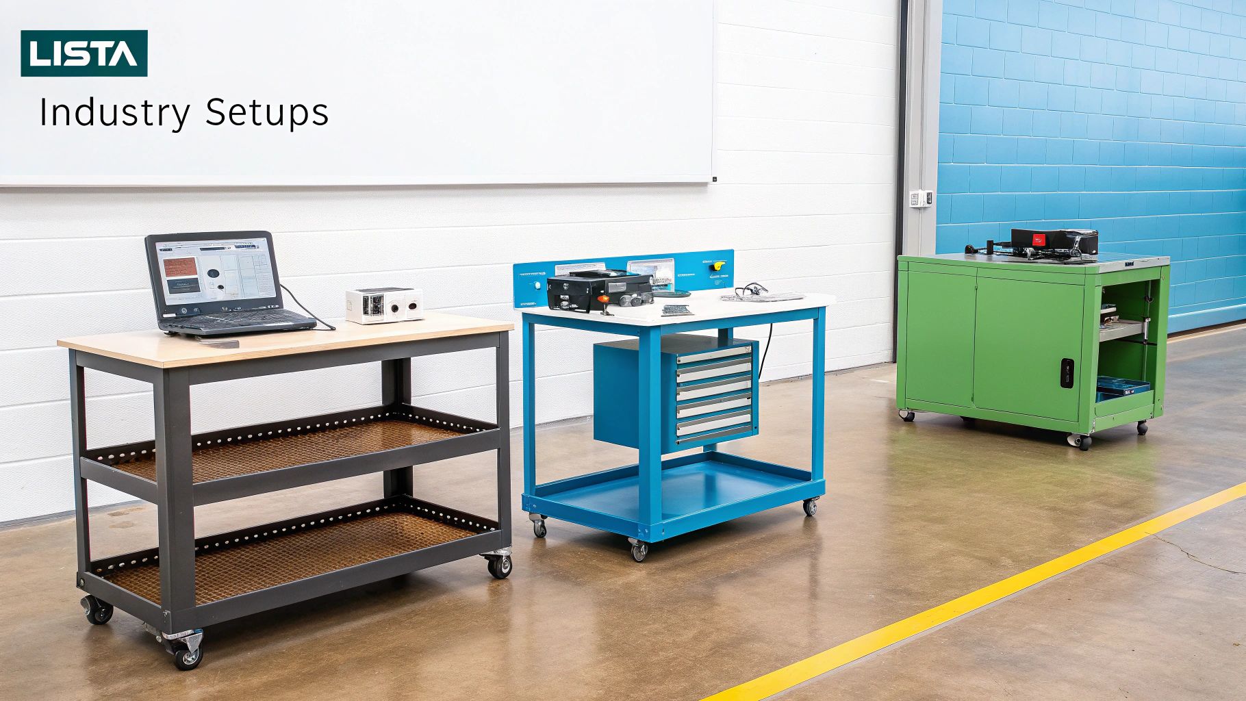 The Ultimate Lista Workbench UK Buyer's Guide 4 Three modern workbenches with equipment in an industrial setting, showcasing industry setups.