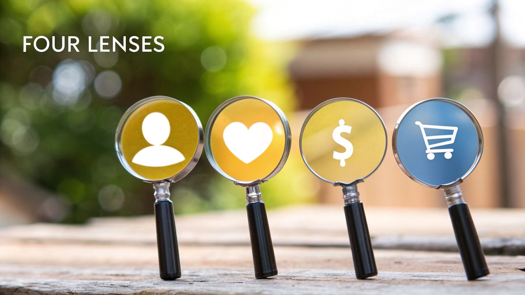 Four magnifying glasses with person, heart, money, and shopping cart icons, titled 'Four Lenses'.