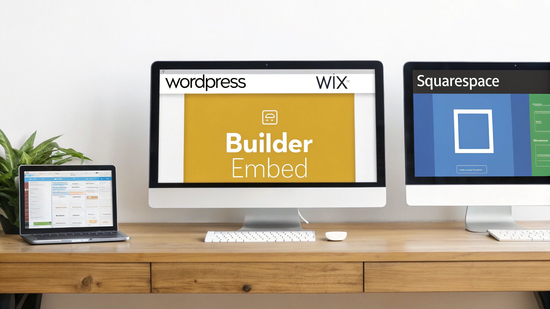 A collage of logos for popular website builders like WordPress, Wix, and Squarespace.