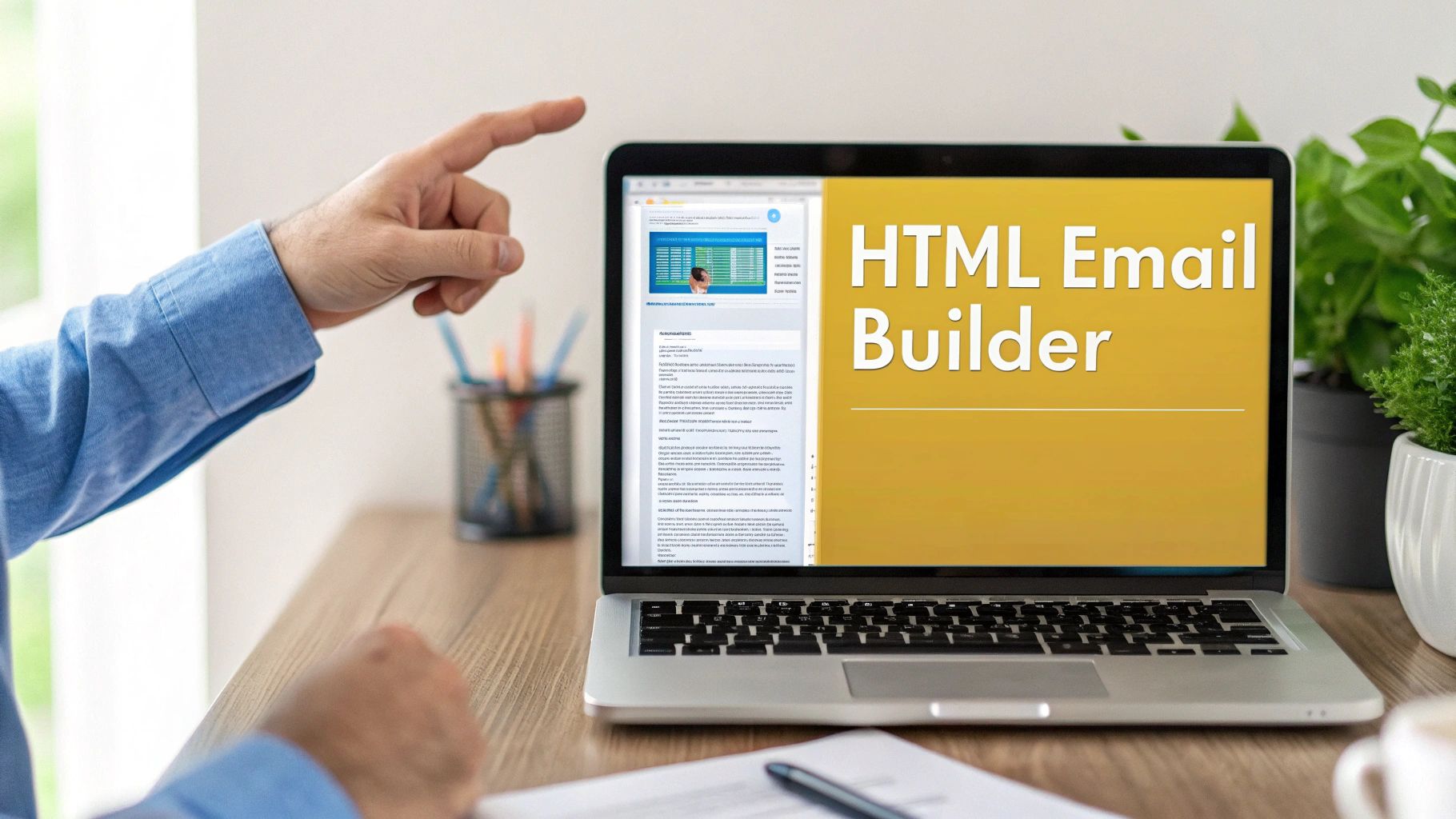 A person sitting at a desk and using an HTML email builder on a computer to design an email marketing campaign.