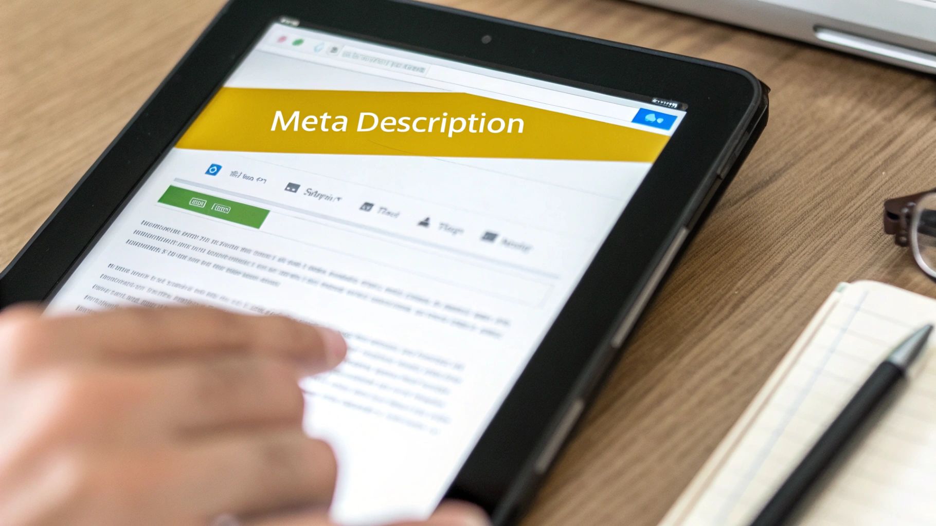 A person writing on a laptop, symbolising the creation of SEO content like meta descriptions.