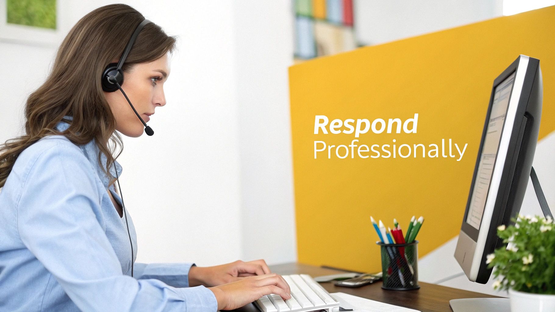 A woman with a headset typing on a keyboard at a desk, with "Respond Professionally" on a yellow wall.