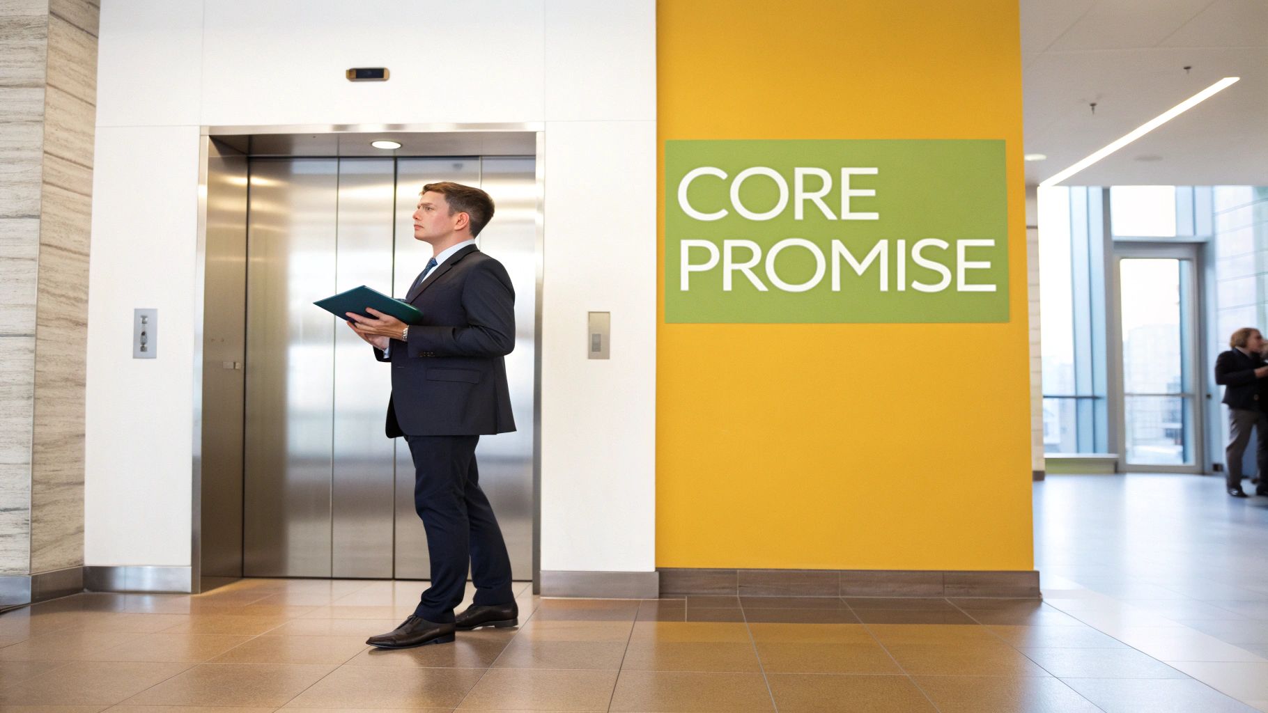 A man in a suit holds a folder while waiting for an elevator in a modern office with "CORE PROMISE" signage.