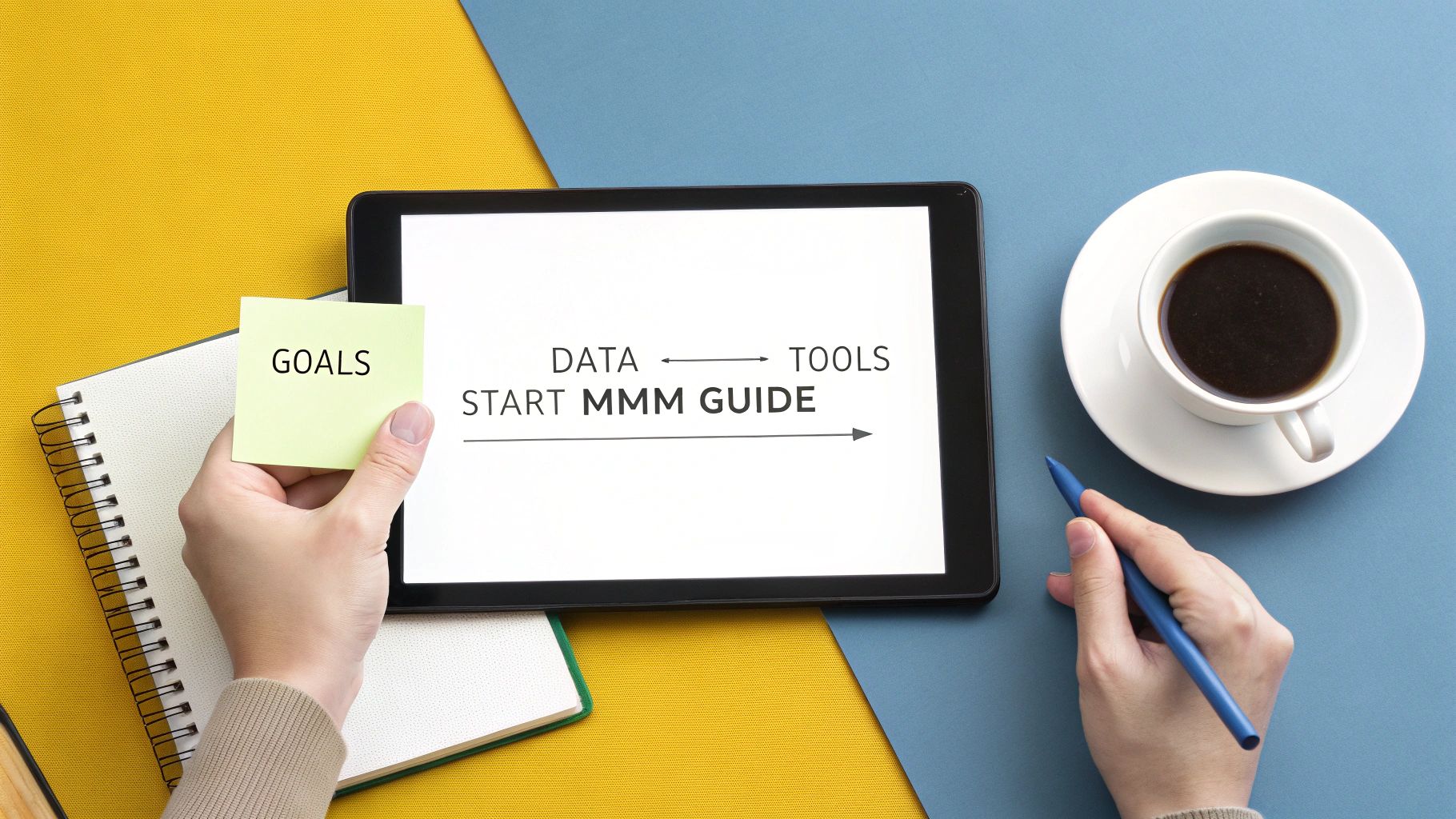 Overhead view of a person planning marketing mix modeling, holding 'GOALS' note above a tablet.