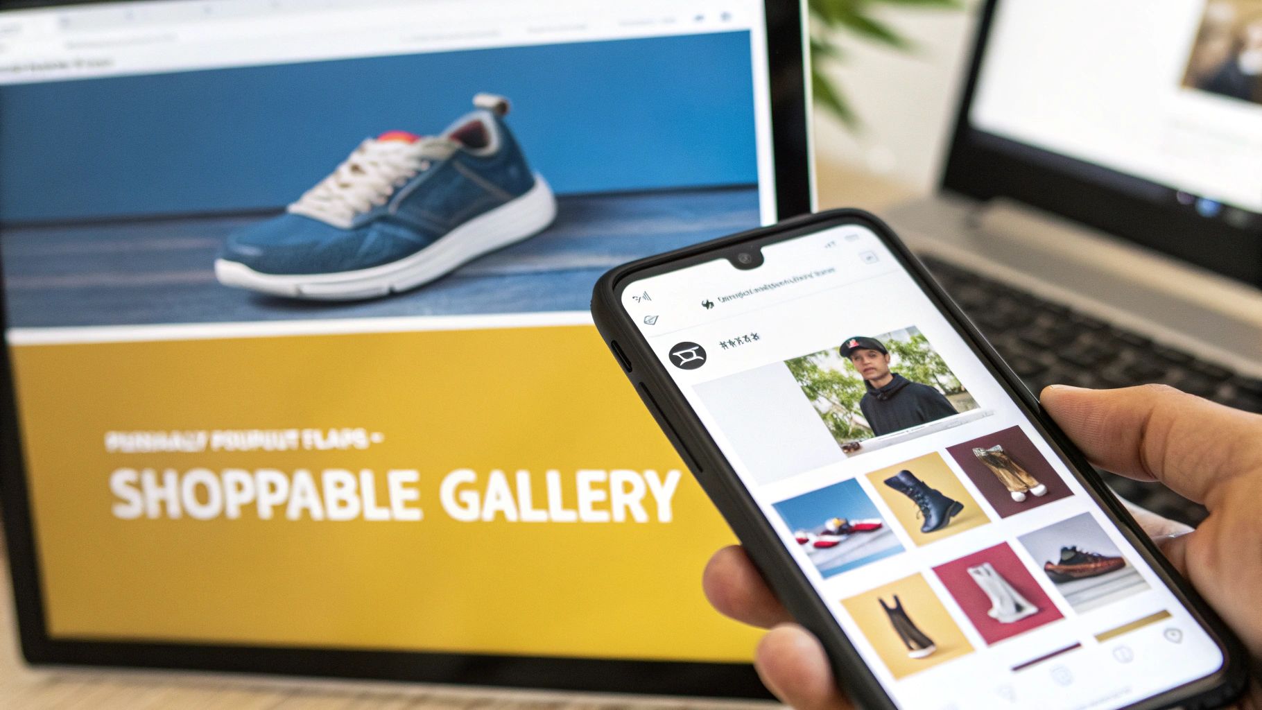 Person holding smartphone viewing shoppable Instagram gallery with fashion products on mobile device