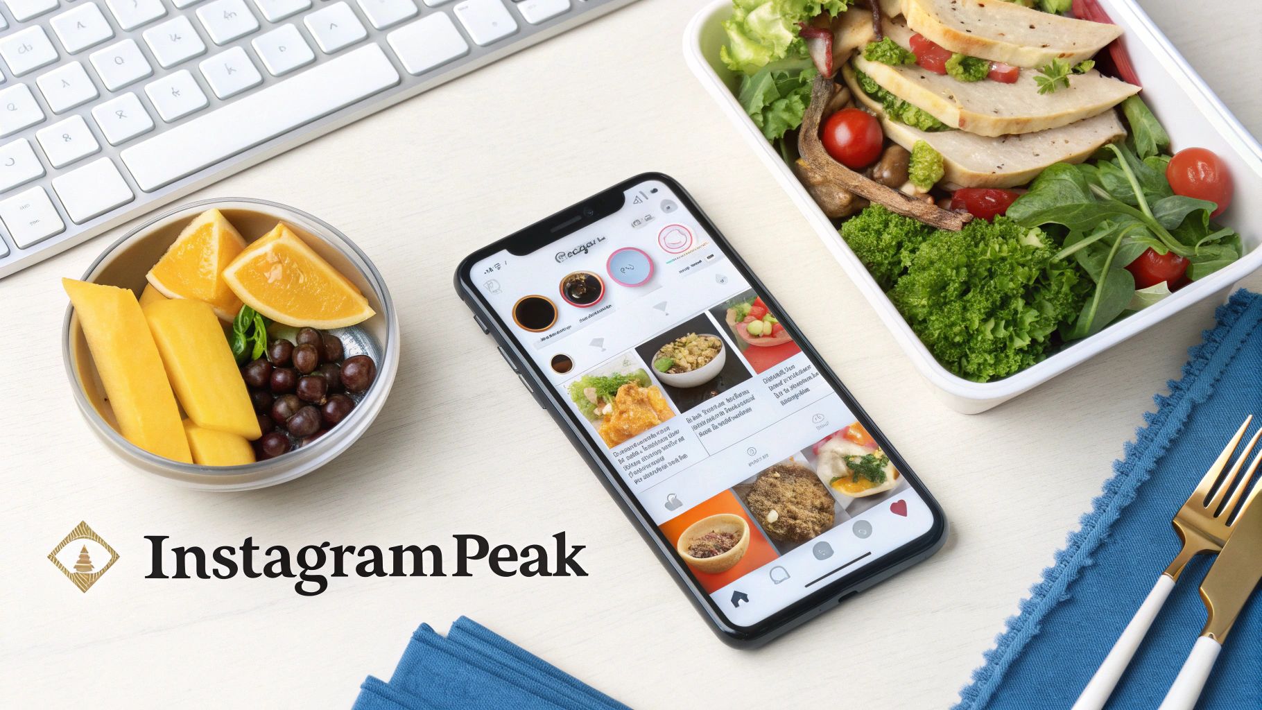 Overhead shot of a desk with an iPhone showing a food app, a bento box meal, and a fruit snack.