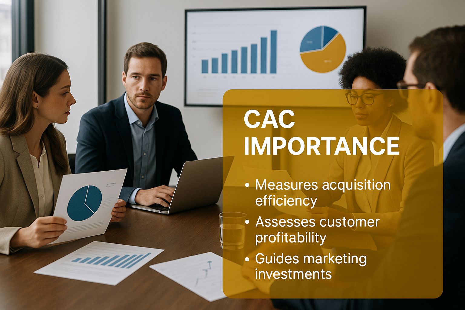 Infographic showing professionals in a conference room discussing charts, with a text overlay highlighting the importance of CAC.