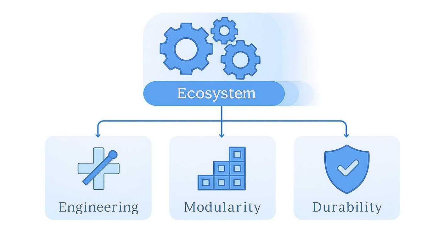The Ultimate Guide to Lista Workshop Storage 2 A diagram illustrating an ecosystem with three foundational principles: engineering, modularity, and durability.