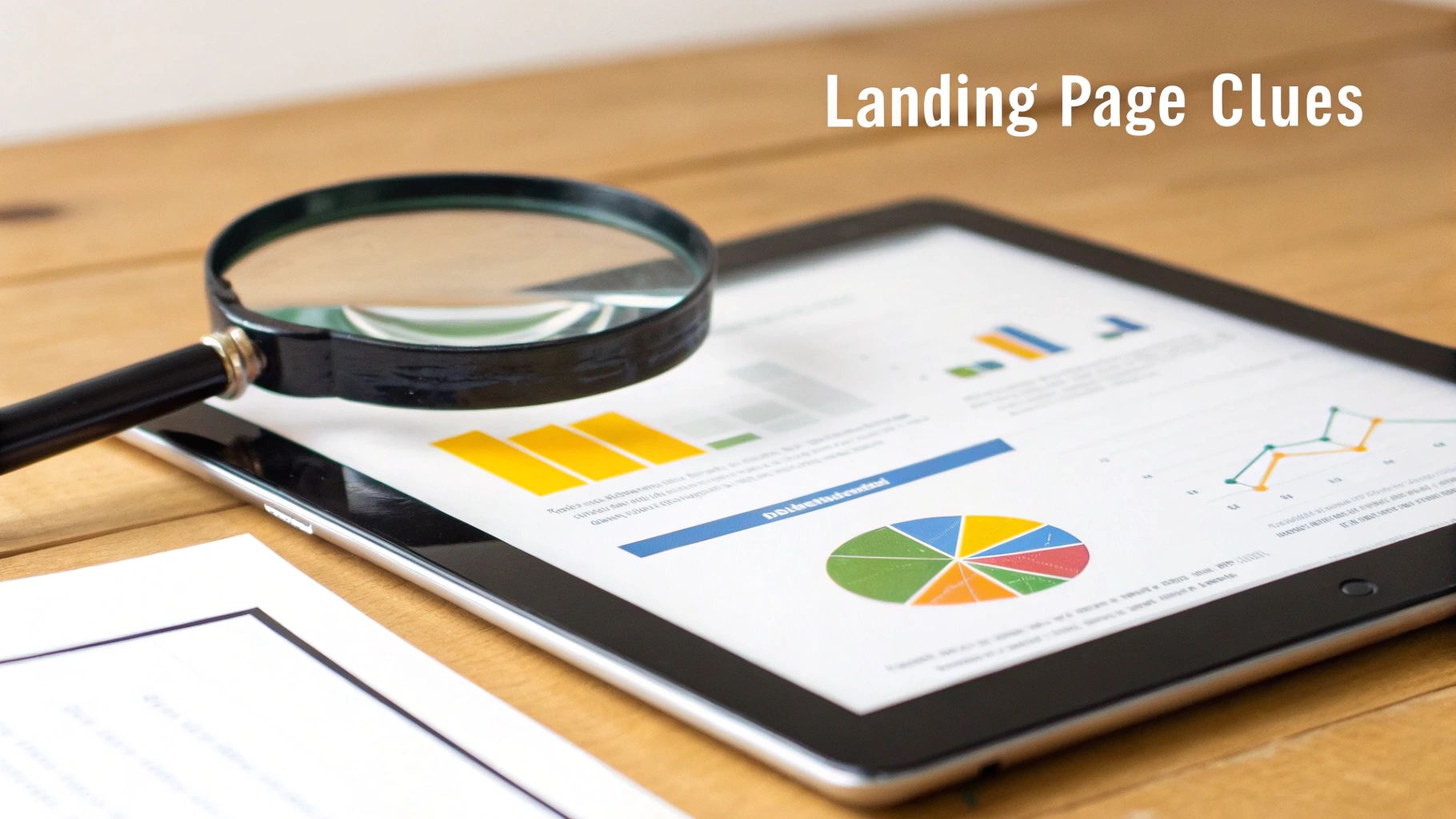 Magnifying glass over a tablet displaying data charts and graphs for landing page analysis.