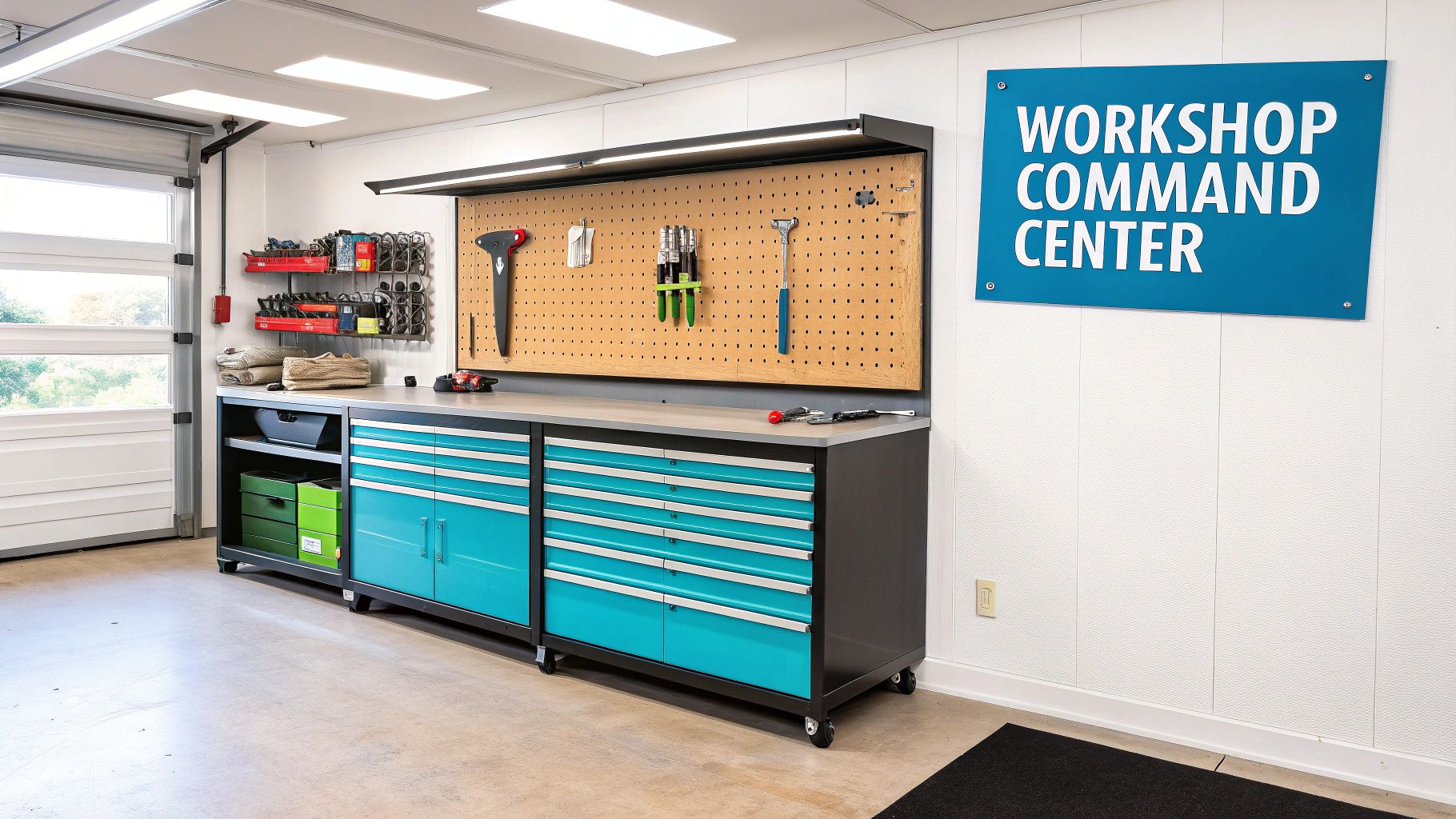 Your Ultimate Guide to Garage Storage Workbenches 2 A modern garage workshop with teal storage cabinets, a workbench, pegboard, and bright lighting.