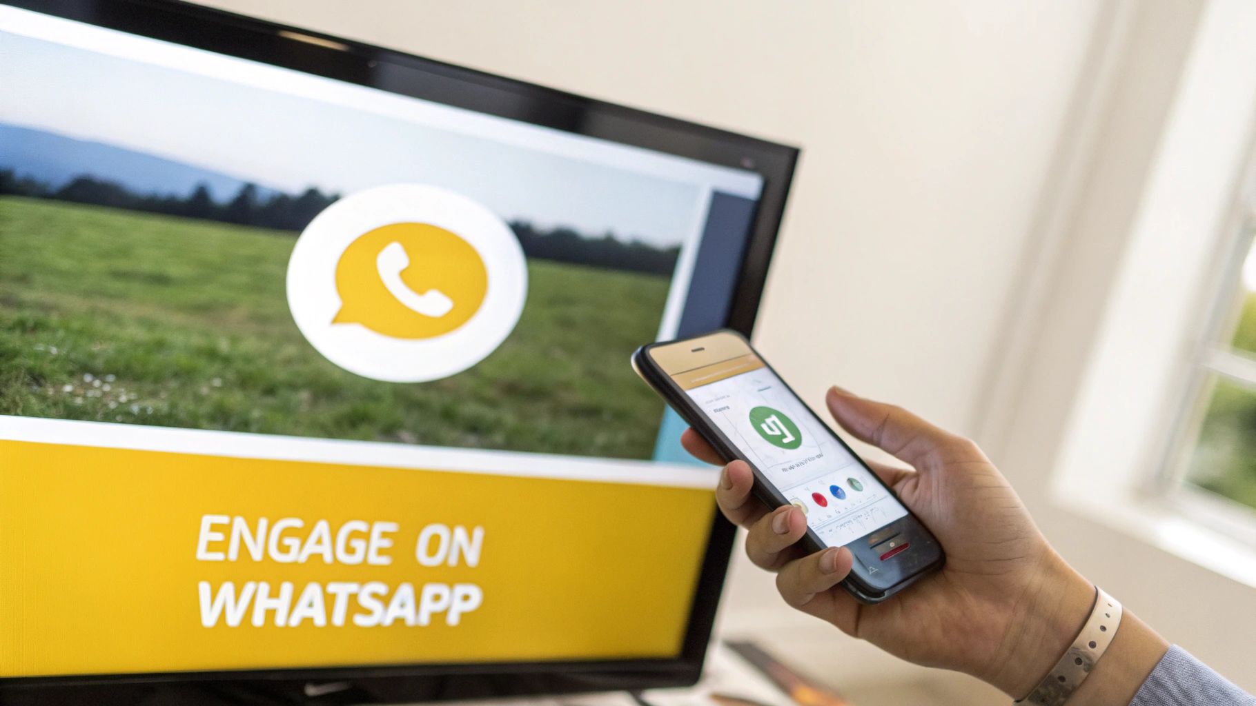 A person holds a smartphone next to a monitor displaying 'Engage on WhatsApp' with its logo.
