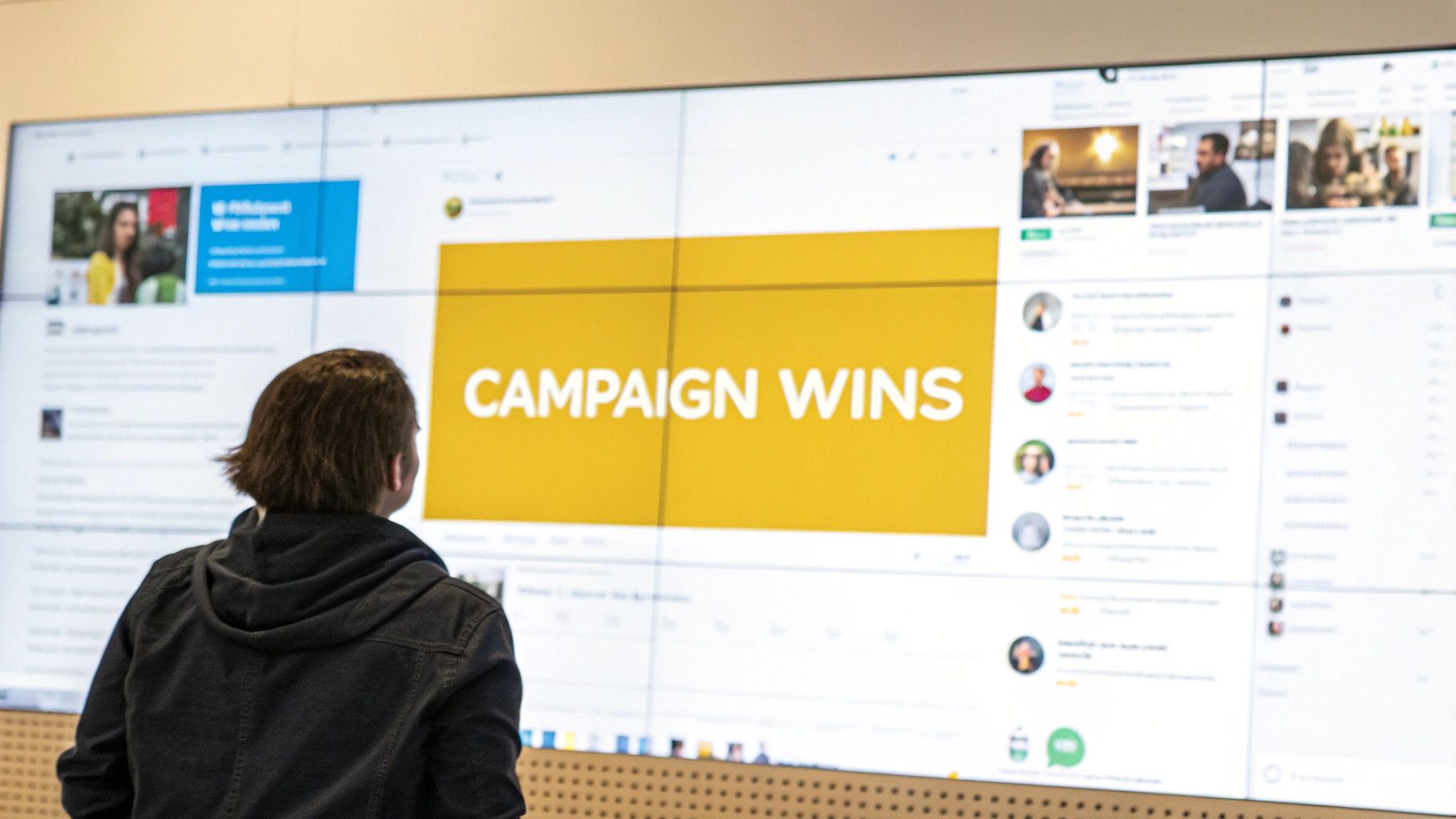 A group of diverse people looking at a large screen displaying trending hashtags on a social media feed.