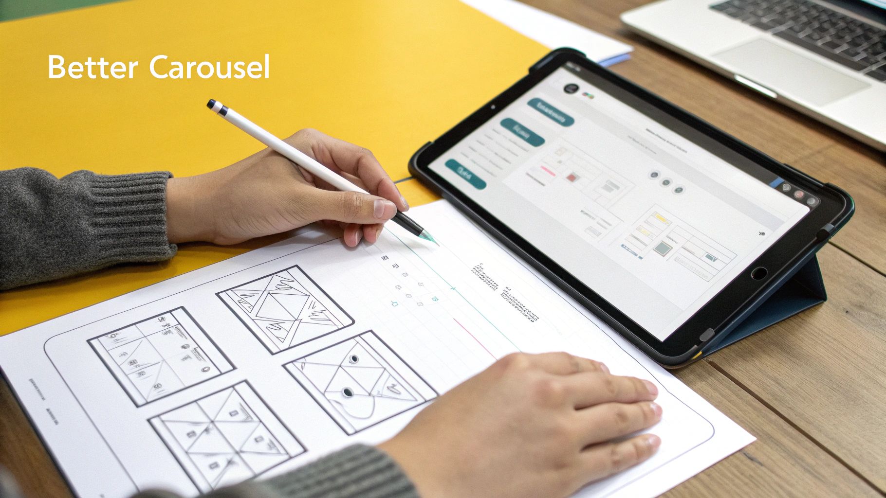 Hands sketching website carousel designs on paper, with a digital tablet displaying UI layouts.