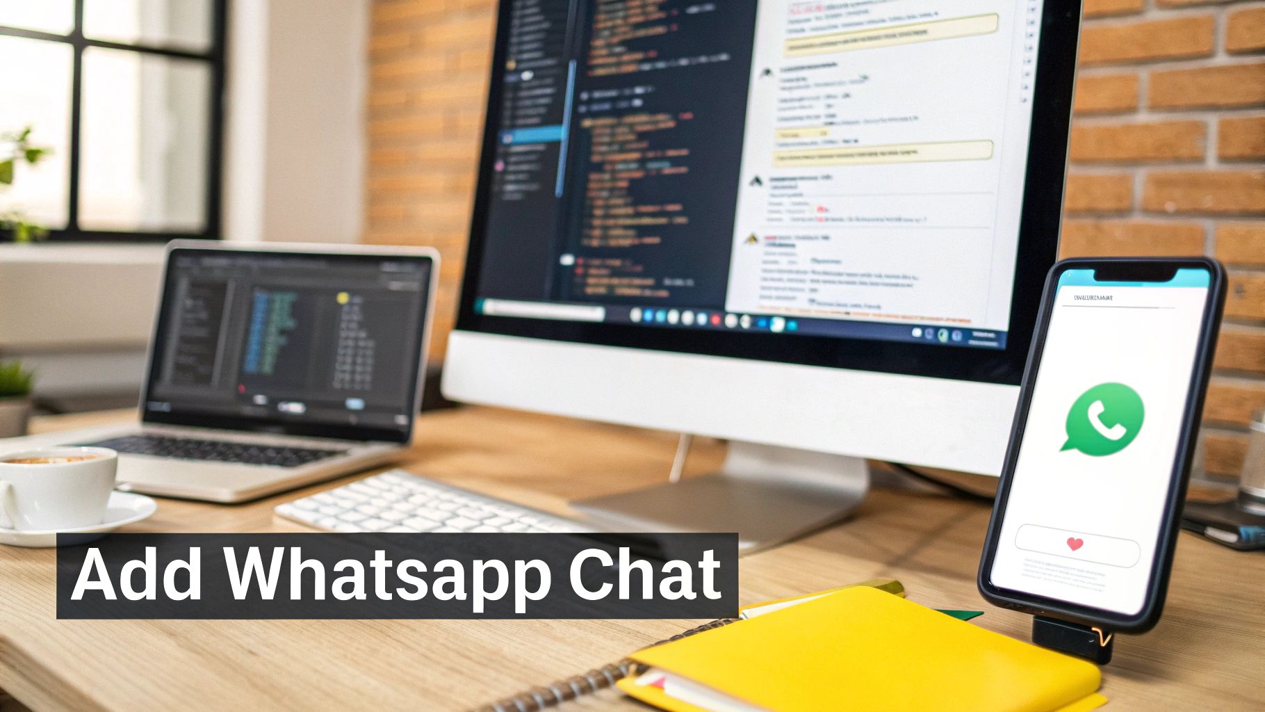 A modern workspace with a laptop, desktop, smartphone showing WhatsApp, coffee, and a notebook.